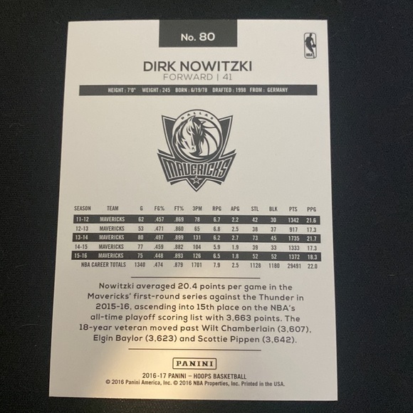 Dirk Nowitzki - 2016-17 panini hoops basketball #80 - Picture 2 of 2